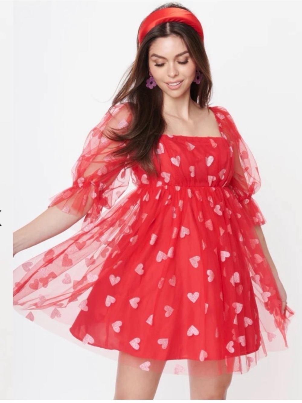 Red Heart-Print Mini Dress - Feminine Puff Sleeve Style - Picture 8 of 12